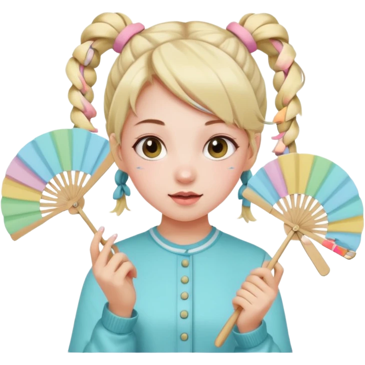 A pigtail girl in modern outfit using a pastel fan with playful expression. emoji