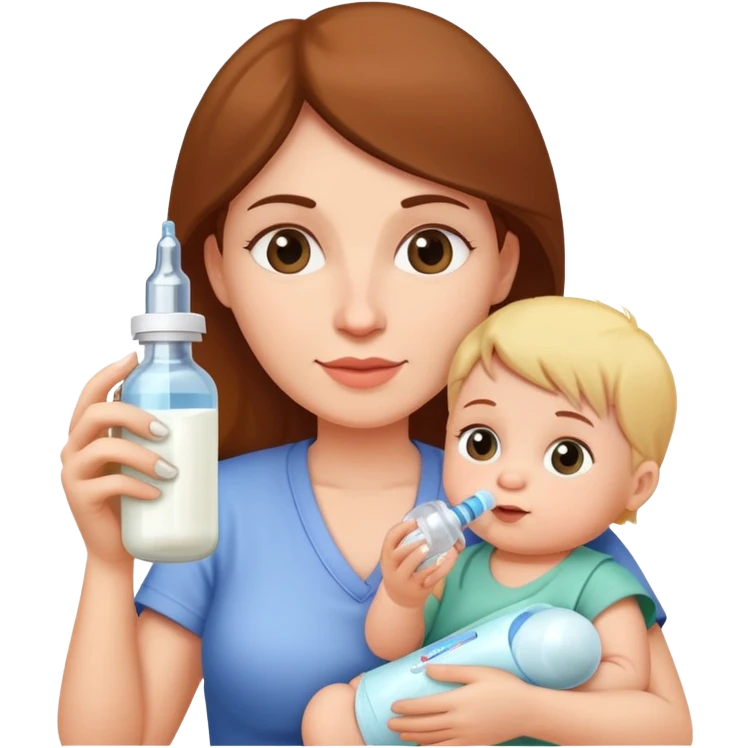 Mother holding a baby bottle with milk and a vaccine syringe emoji