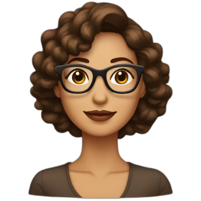 Mujer con cabello ondulado castaño oscuro, morena, con lentes cuadrados color café  emoji