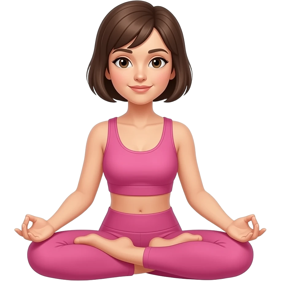 Short brown hair pale skin in pink outfit meditation emoji