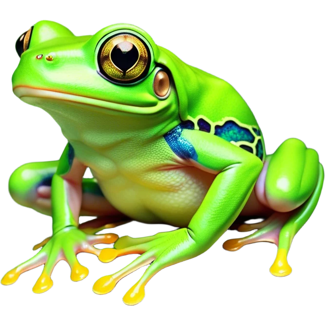 Cinematic Noble Green Tree Frog Portrait Emoji, Poised and alert, with a compact, vibrant body clad in bright, glossy green skin accented by delicate, sticky toe pads and large, bulging, observant eyes, Simplified yet sharp and sophisticated features, highly detailed, glowing with a soft, verdant luminescence, high shine, intelligent and sprightly, stylized with an air of tropical elegance, focused and attentive, soft glowing outline, capturing the essence of a watchful and confident amphibian that appears ready to leap out of the screen with effortless agility! emoji