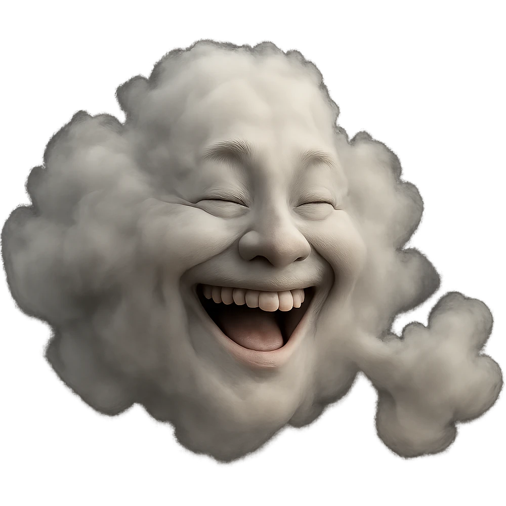 Make this puffy cloud look more realistic with natural gas texture, subtle color gradients, and a believable laughing face. Keep no background. emoji