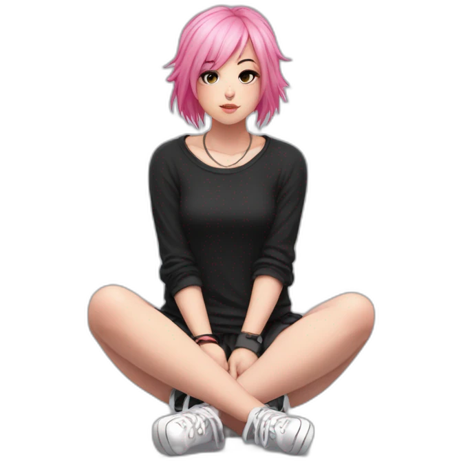 Full body Front view curvy emo girl pink hair sits on the floor straight view hands up black skirt белые трусики emoji