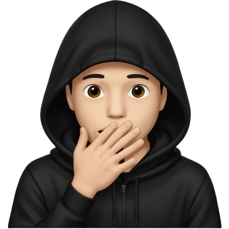 fait un homme avec une cagoule noir qui couvre sa tête, ses mains doivent être sur sa bouche comme si il se la cachait  emoji