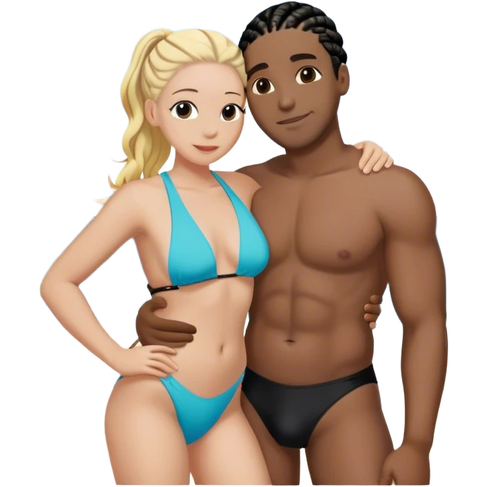 Black man with black cornrows hugging white woman with blonde hair on the beach emoji
