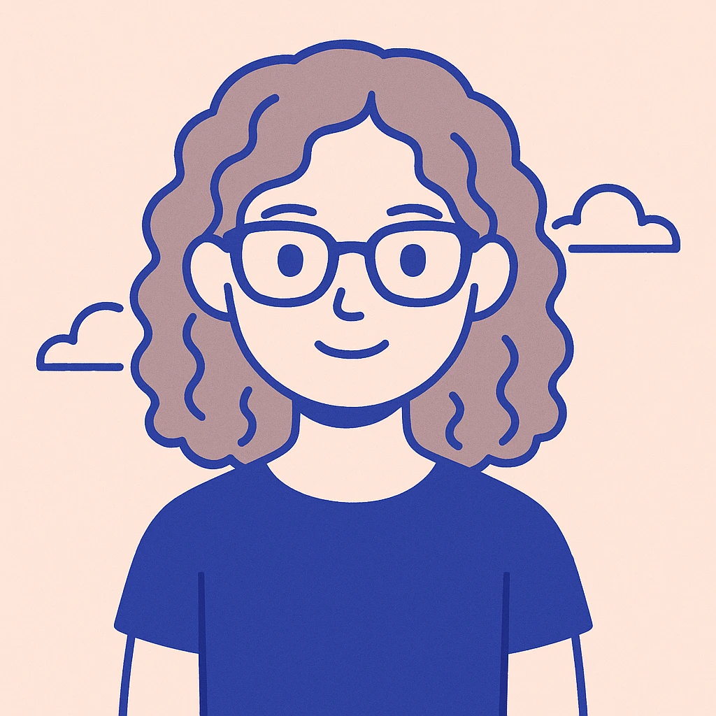 flat color style avatar of a girl with dark blonde curly hair, black glasses, brown eyes emoji