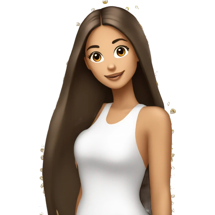  tan fashion girl dark brown long straight hair spraying an ariana grande perfume on emoji