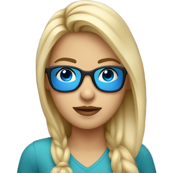 mujer rubia con pelo largo y ojos azules con gafas emoji