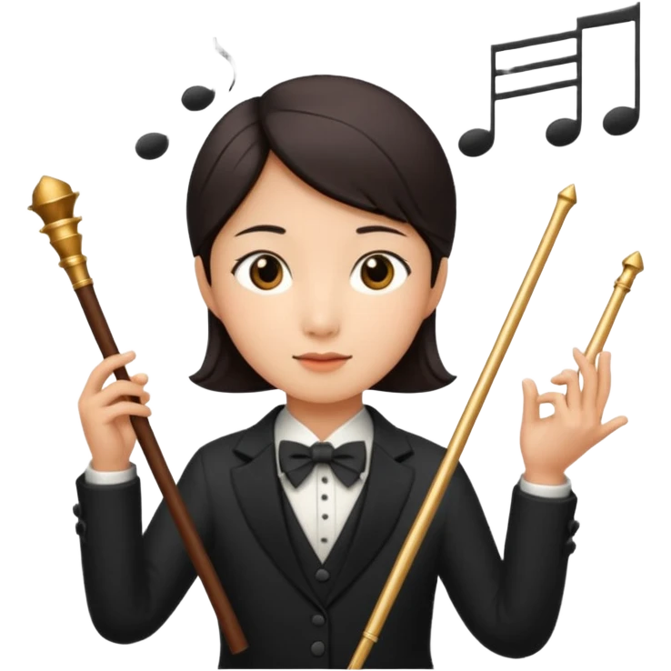 asian Create a sophisticated and elegant emoji that represents orchestration and arrangement. The design should feature a conductor’s baton, musical notes, and a symphonic score, symbolizing the process of arranging and orchestrating music. Incorporate instruments like a violin, trumpet, emoji