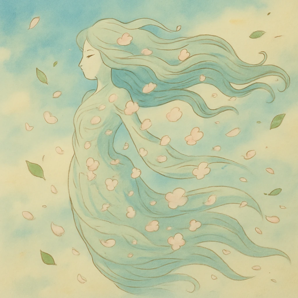 An elegant wind spirit with a flowing, ethereal body made of swirling air currents and flower petals, long flowing hair, visible only by the leaves and dust it carries, painted in a soft whimsical style emoji