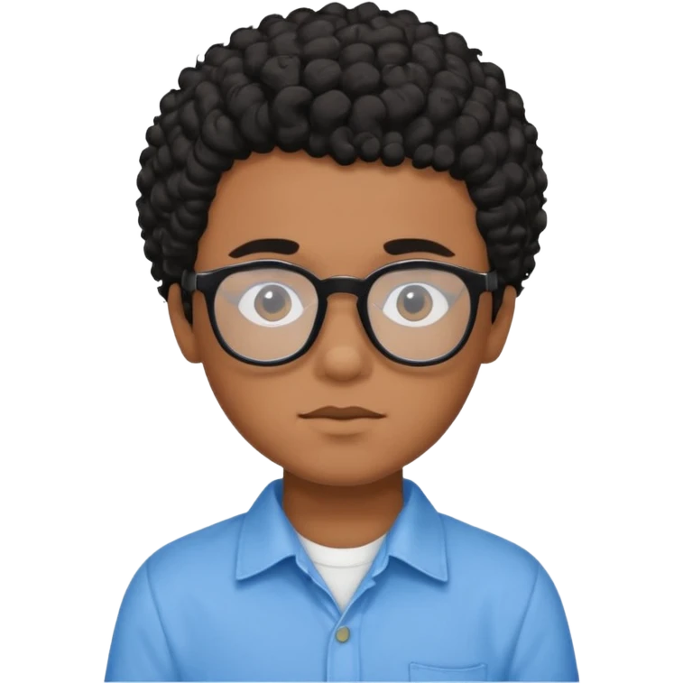 Menino moreno com cabelo curto cacheado preto, de óculos preto e blusa azul emoji