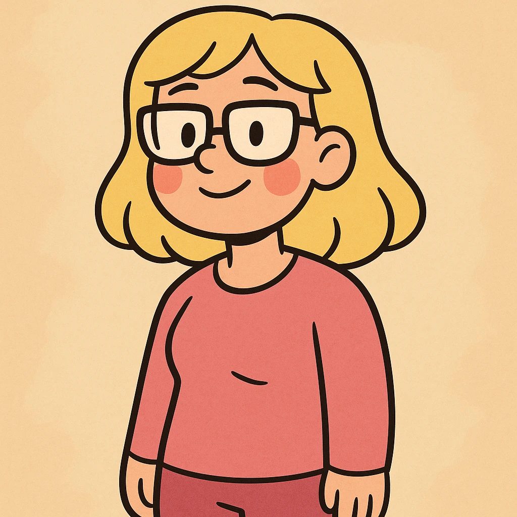 blonde girl, shoulder-length hair, wearing glasses, rosy cheeks, pink clothes, cartoon style, soft lines emoji