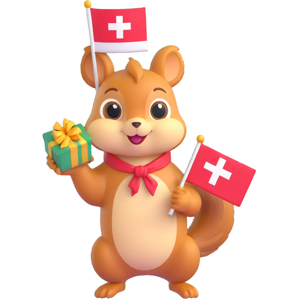 squirrel holding a gift in one hand and a Swiss flag in the other, 3D emoji style emoji