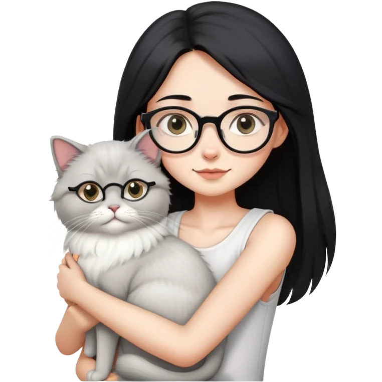 Skinny woman with oval glasses, long straight black hair, wearing white sleeveless top, hugging a grey Persian-Angora cat, plain background emoji