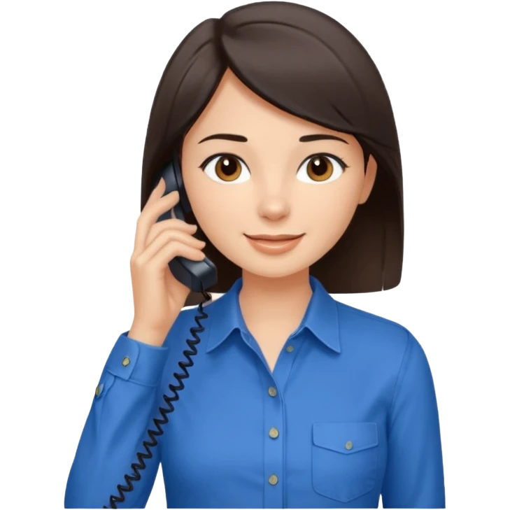 generate a pretty fair bratz girl with dark brown eyes. Dark brown hair straight short hair. tight blue button up shirt with top shirt open.  Talking on the phne emoji