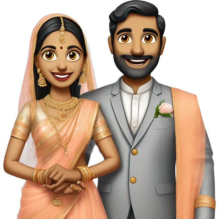 south indian wedding caricature of bride wearing peach colour lehenga and groom wearing Grey coloured tuxedo emoji