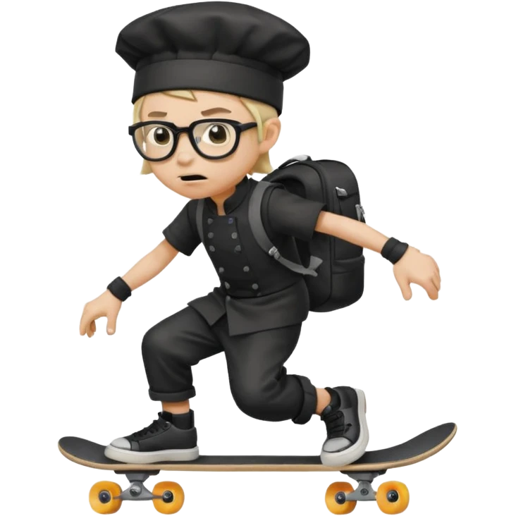 ["An angry boy with light skin, ponytail, wearing a chef hat and square glasses, dressed in goth fashion, is skateboarding while holding a backpack."] emoji
