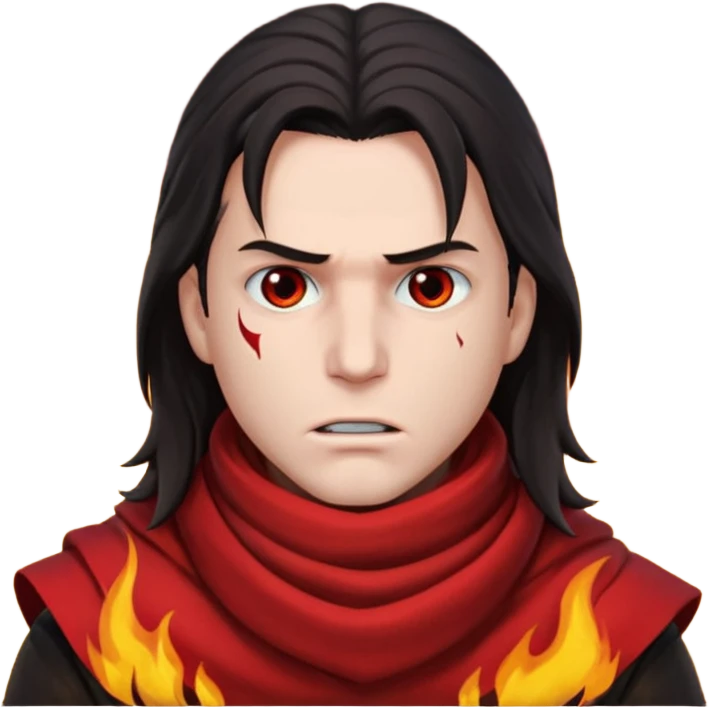 Vincent Valentine from Final Fantasy 7, headshot, red scarf covering mouth, intense eyes, flames behind him emoji