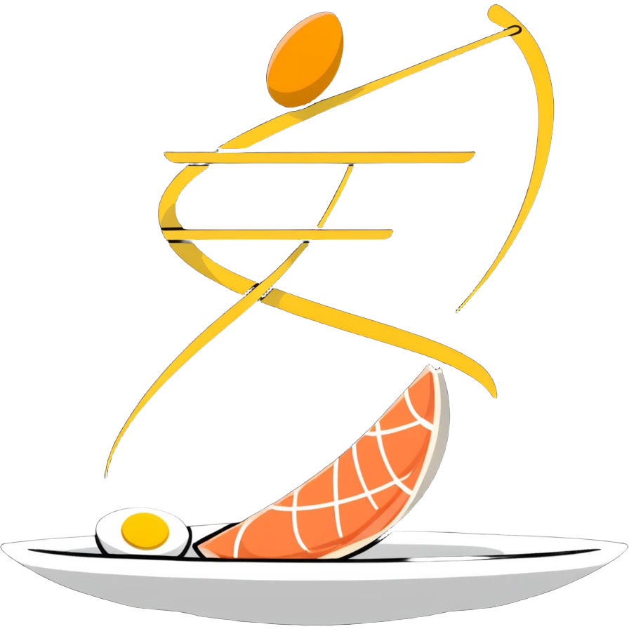 Floating plate with cute stylized protein foods: golden egg, salmon fillet, chicken breast, and tofu block, orbiting a DNA double helix, with energy beams connecting to a muscular figure silhouette emoji