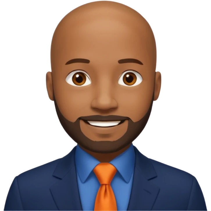 headshot of a sophisticated, stylish, bald head, smiling Caribbean black man with a beard and goatee in a navy blue suit, orange tie emoji