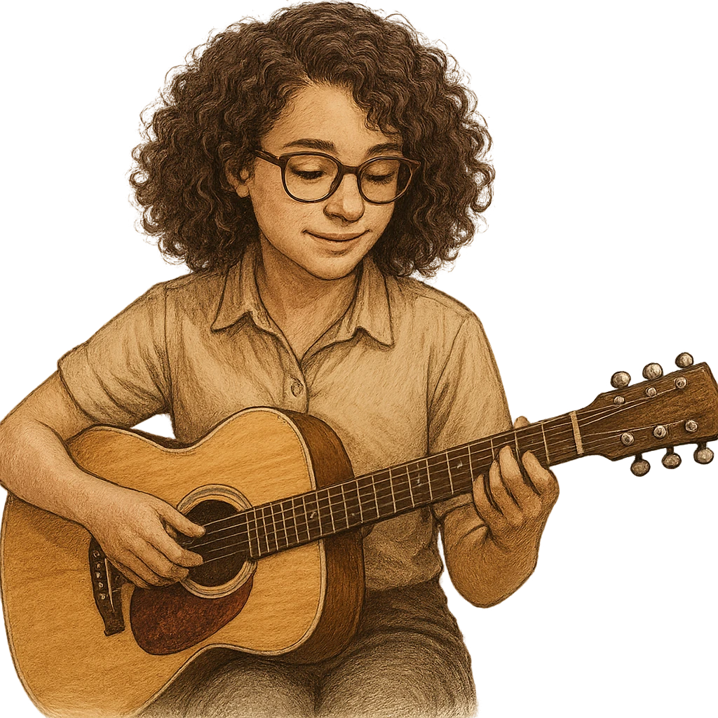 A curly and brown-haired girl with brown-framed glasses, wearing a shirt, playing the guitar, representing a music therapy internship, detailed, professional, warm and inviting atmosphere emoji