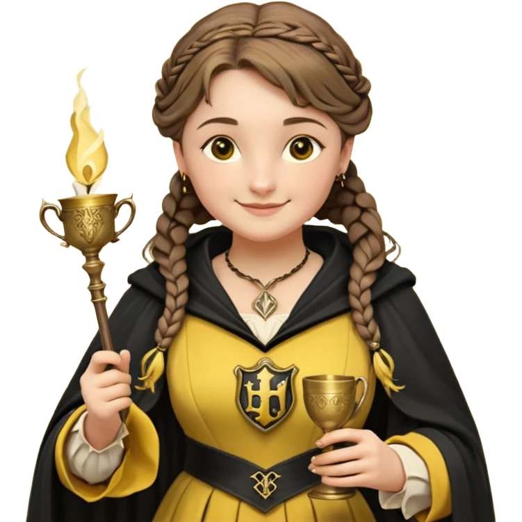 Helga Hufflepuff,the Hogwarts founder of Hufflepuff,brown-haired,2braids,yellow-black medieval dress with black cloak decorated with gold braiding,flickering magic wand and tiny two-handled shiny gold cup engraved with the badger silhouette,very kind smile,curvy busty sweet emoji