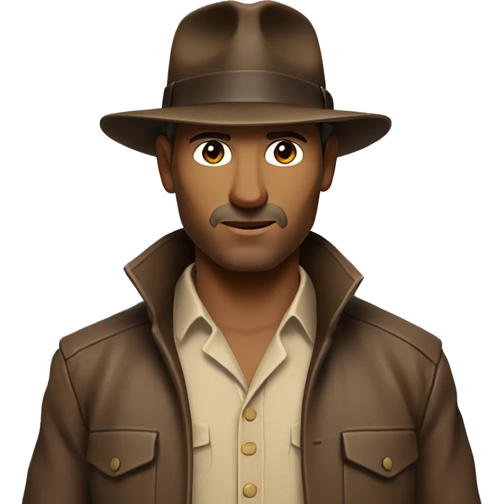 White Indiana Jones with a dark brown jacket and a brown hat, beige shirt emoji