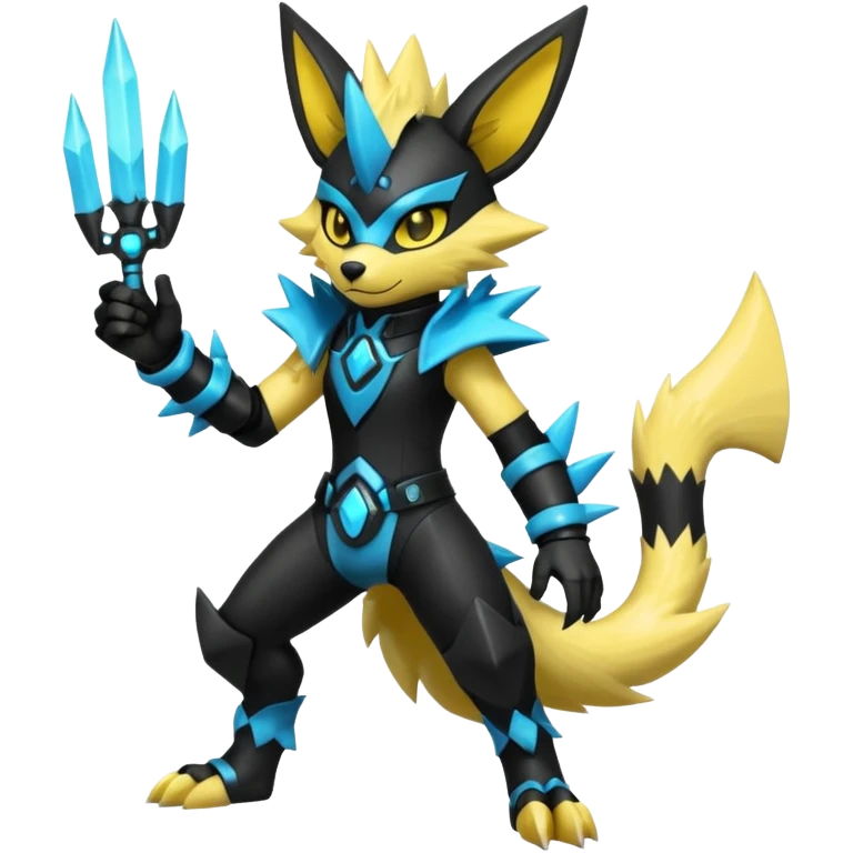 Shiny badass cool edgy spikey fluffy realistic cyan yellow white electric complex futuristic Zeraora-Luxray-Electrike-Umbreon-Manectric-Weregarurumon-fusion-creature (full body) wearing black gauntlets emoji