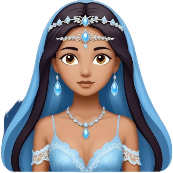 enchantress goddess wearing a embellished shimmering light powder white lace and icy moon drops angeliqué blue gown with tanned skin and super long straight dark brown hair emoji