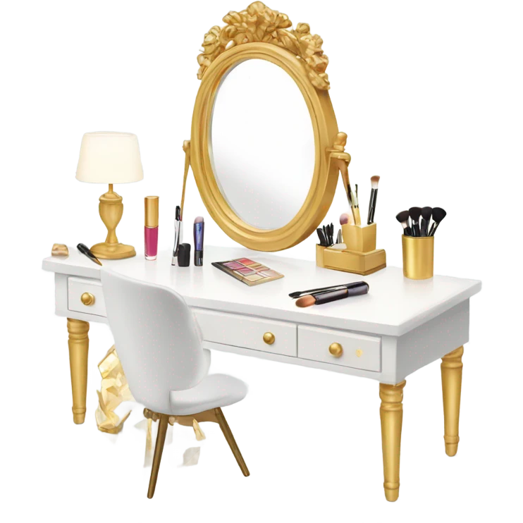 White desk with gold mirror and Makeup  emoji