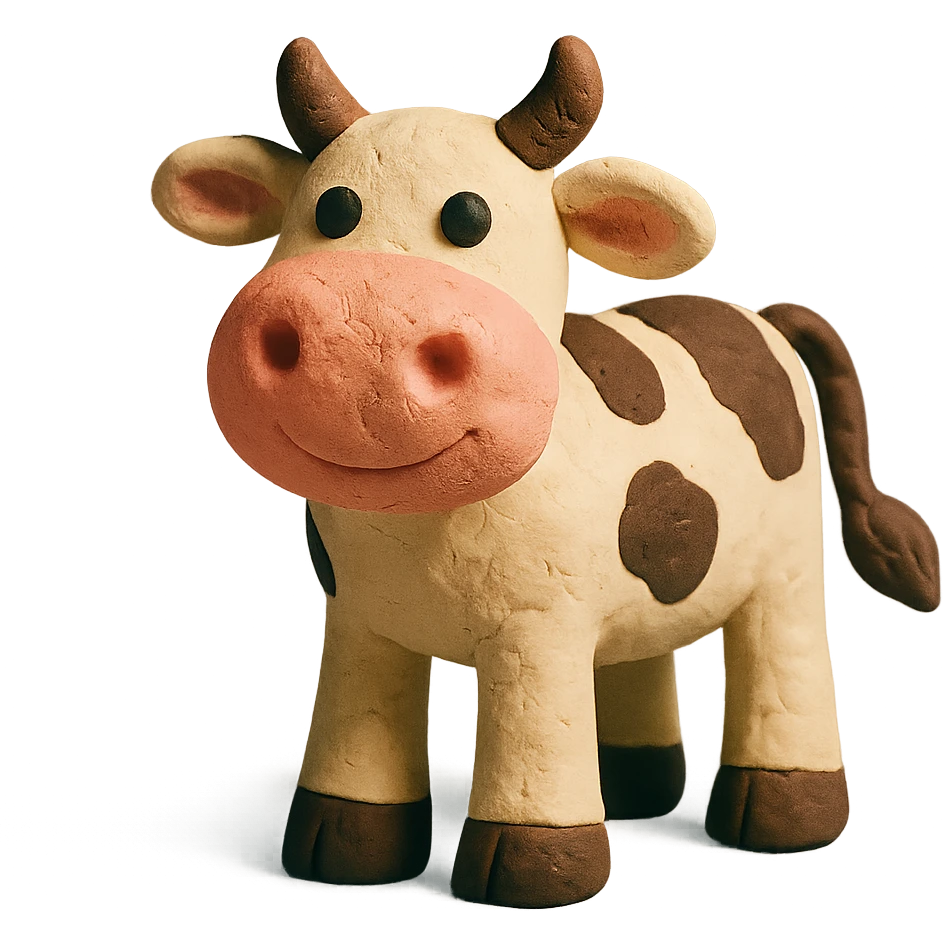 claymation style cow with a friendly face and pink nose emoji