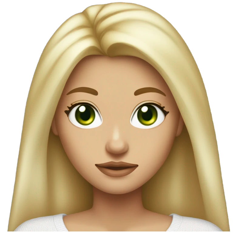 blonde girl with green eyes, smooth skin, white sweater, long blow out hair, baddie, middle part emoji