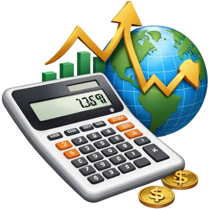 An icon featuring a calculator, a dollar sign, and a chart with upward trends, symbolizing economics. The design includes coins, bills, and a globe, representing global trade and financial systems. Transparent background highlights the study of markets, supply, and demand. emoji