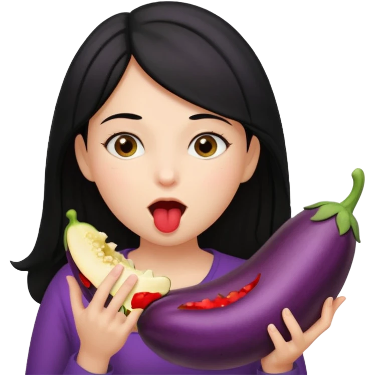 Black haired girl holding large eggplant near mouth pretending to bite it emoji