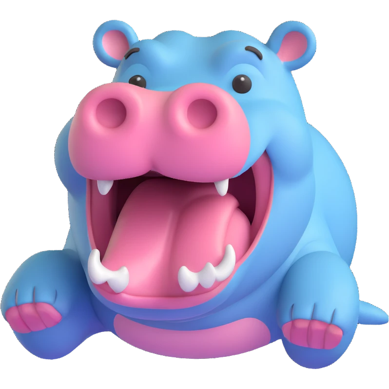 hippopotamus with open mouth, 3D emoji style, soft shading, lively and expressive, suitable for app icon emoji