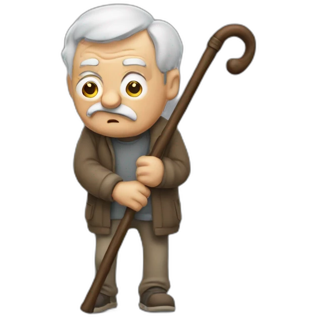 Old man leaning on a walking cane and holding his crancky back with his hand, grumpy face, detailed emoji
