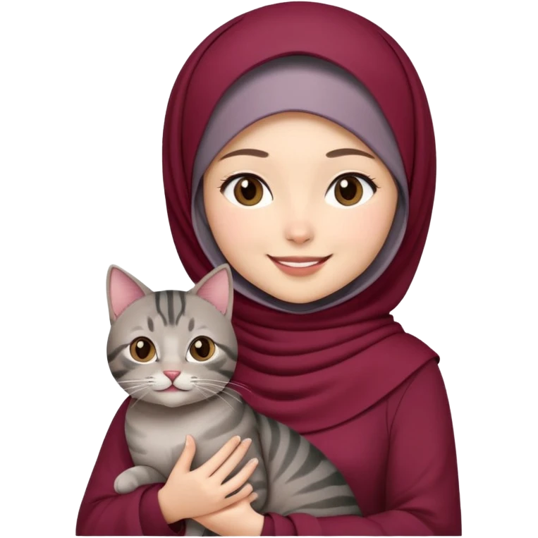 Asian white girl wearing  maroon hijab with dress holding a black grey tabby cat while smiling emoji