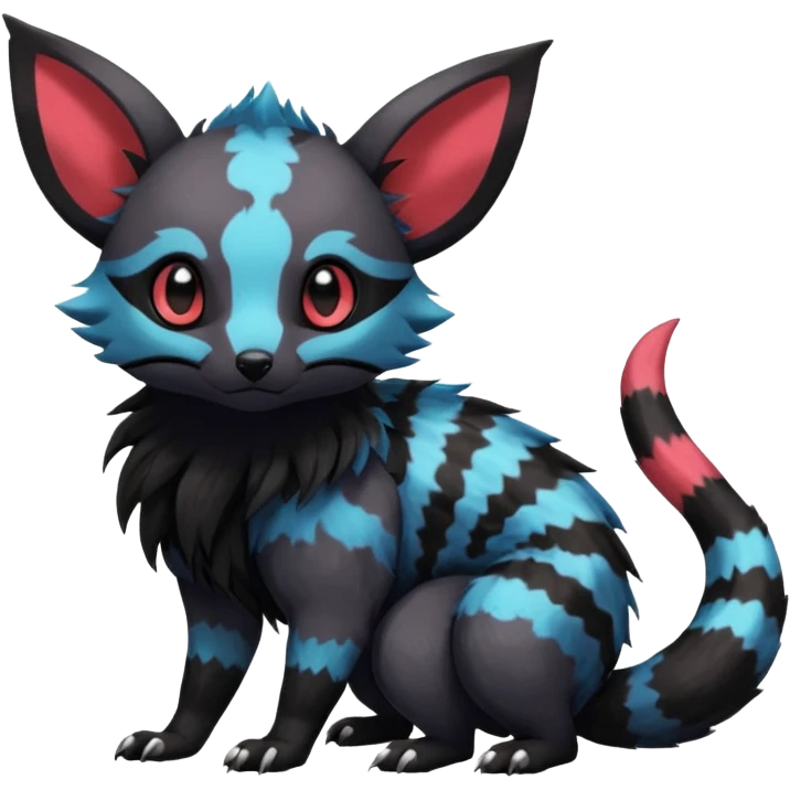 Rare exotic realistic cute epic aesthetic gothic colorful Salandit-Eevee-Civet-species-Fakemon-hybrid-creature, with markings, full body emoji