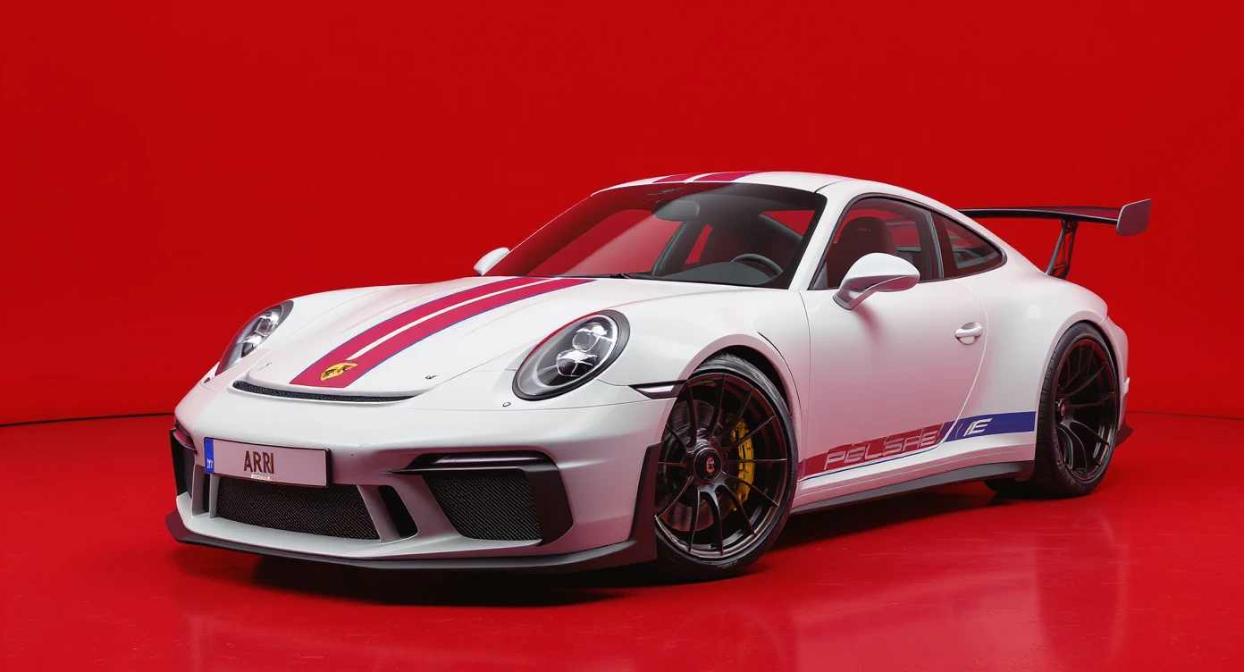 Medium shot of a porsche 911 made of russian capret, red solid studio background, low keu light, top soft light, dutch angle,  captured by arri alexa emoji