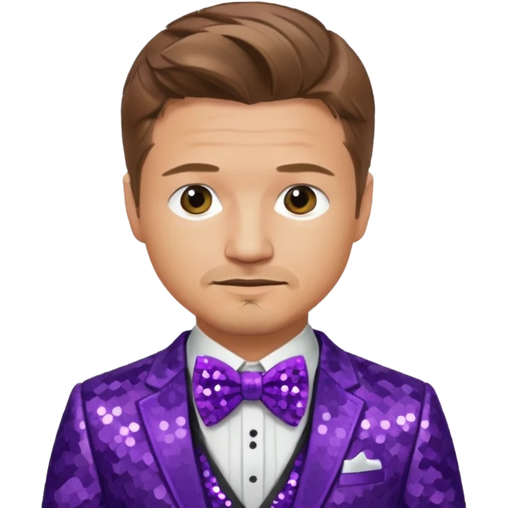 Jeremy Renner with light brown hair, purple sequin suit with bow tie emoji