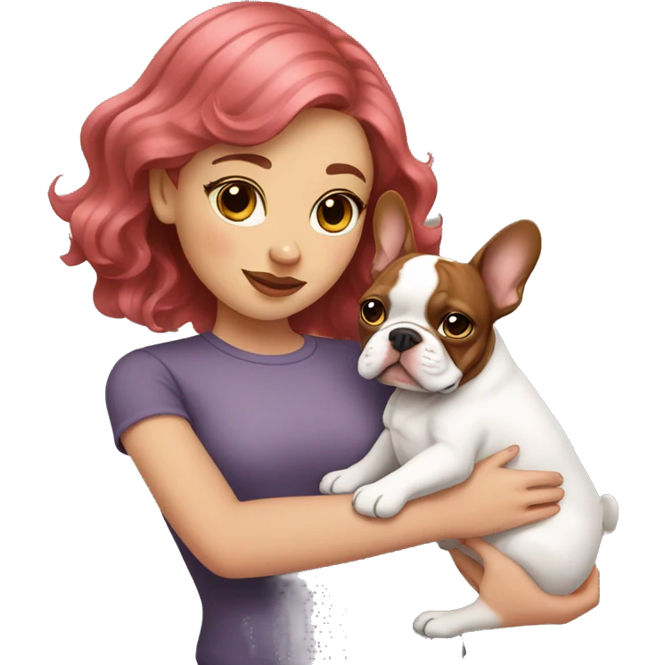  girl with medium pink wavy hair holding a brown and white french bulldog  emoji