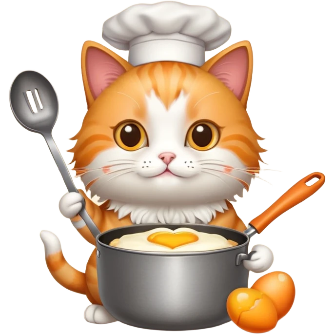 a cat holding a cooking pan with double heart-shaped eggs emoji