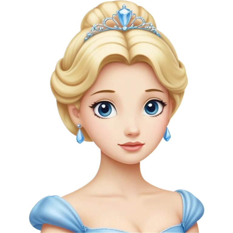Cinematic Elegant Cinderella Portrait Emoji, rendered in a realistic, vector-style with minimal shading and bold, simplified shapes. Depict Cinderella in her classic ball gown (chest and above) with fair, porcelain skin and elegantly styled blonde hair, her eyes soft and kind, and her expression serene and graceful. The design glows with a gentle, enchanting radiance and high shine, capturing the timeless beauty of a fairy tale princess. emoji