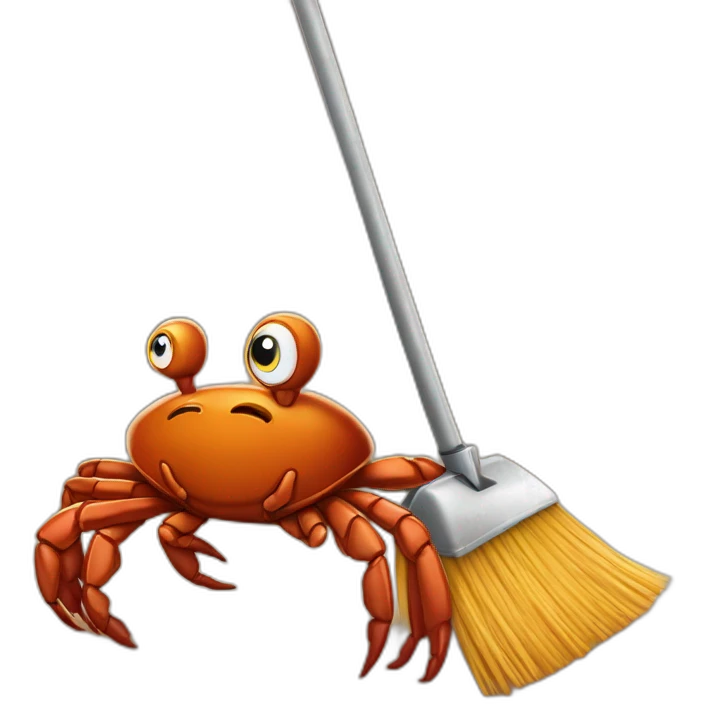 Rust mascot crab Ferris with broom cleaning rust emoji