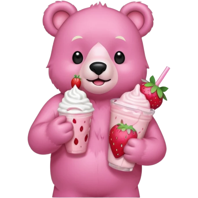 A pink bear is holding a strawberry and drinking a strawberry milkshake 
transparent background 
the style should be a teenager's hand-drawn, 2D, 2020s Japanese character-like emoji