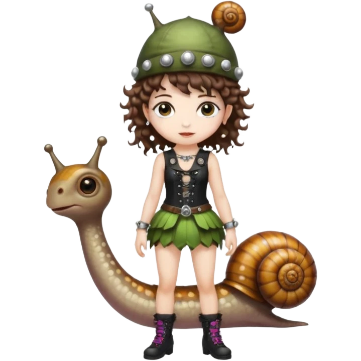 full body woman short curly brown mullet hair brown eyes white skin wearing punk fairy outfit and snail shell hat emoji