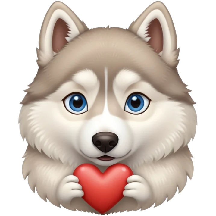 Beige husky with blue eyes holding a brown heart emoji