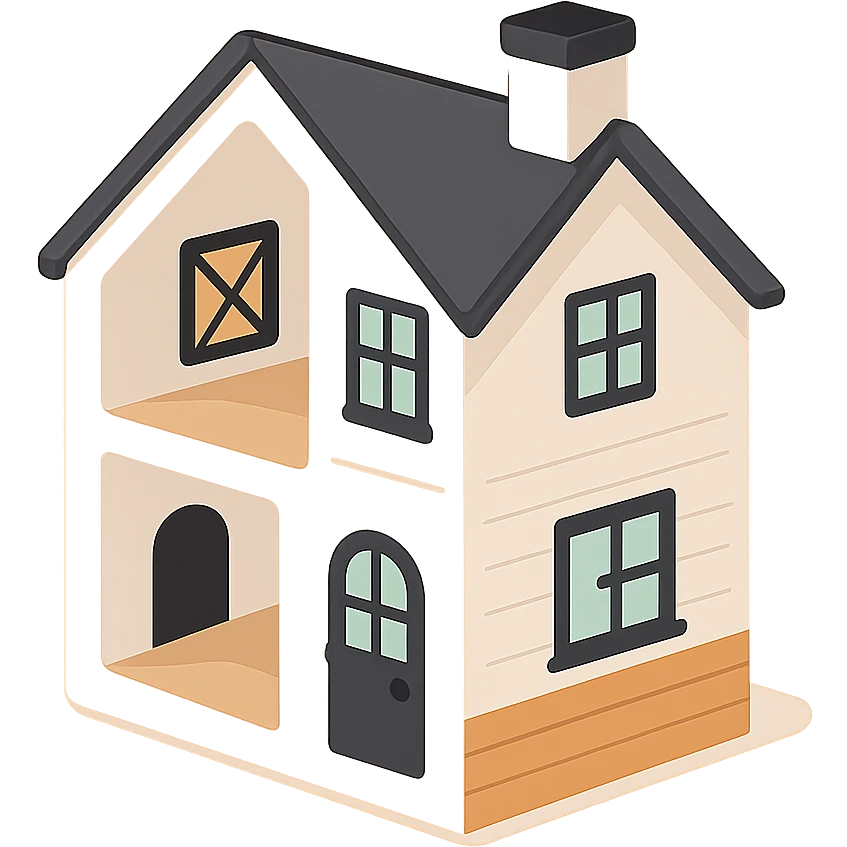 modern farmhouse dollhouse, white with black trim and wooden accents, 3d isometric  emoji