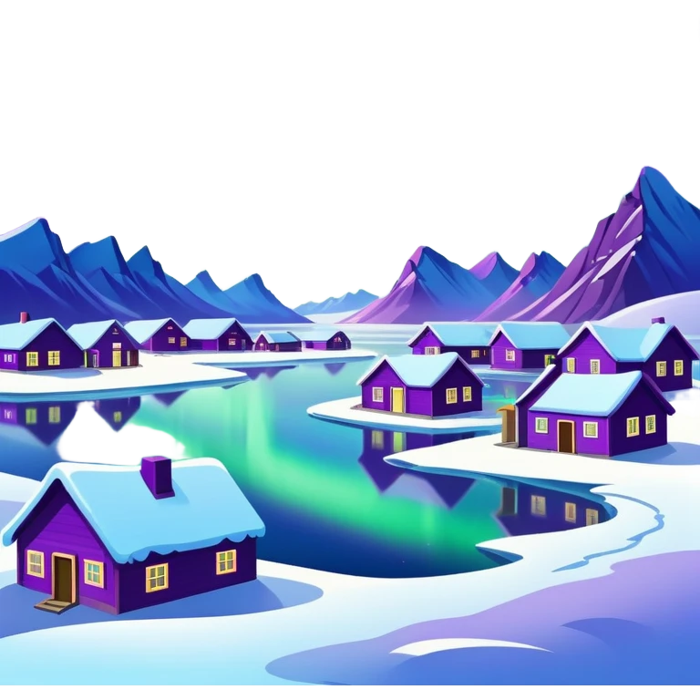 Mohe Arctic Village northernmost point of China with aurora borealis, simplified emoji style with bold outlines and bright colors, cartoon style village with northern lights emoji
