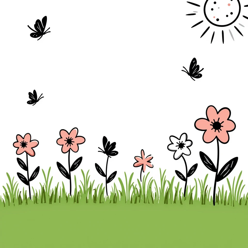 spring theme with blooming flowers, green grass, butterflies, and sunshine in pastel colors dd9fb0, ffc6d3, a3bfc9, c4bee2, f1b091, detailed hand-drawn doodle style emoji